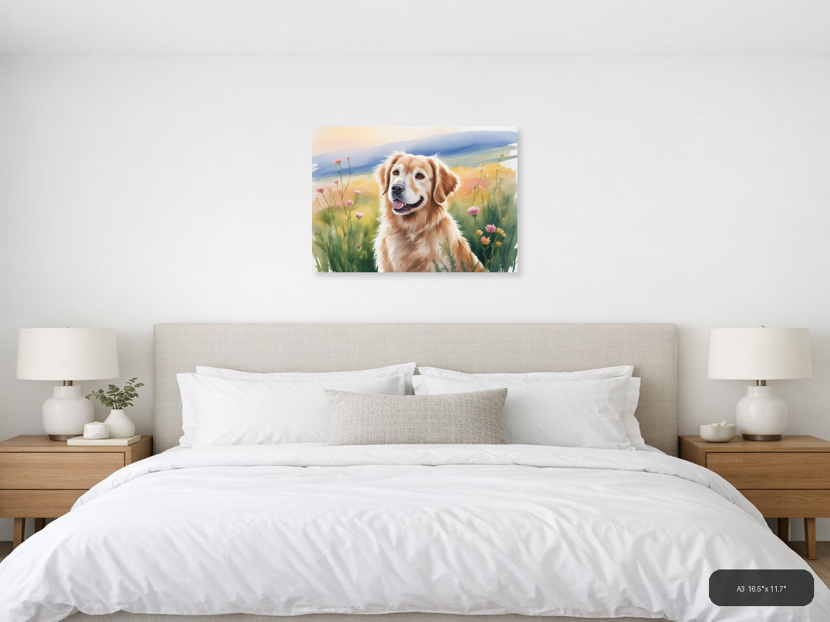 Golden Retriever in Wildflower Meadow Watercolor Wall Art — A3 / Bedroom