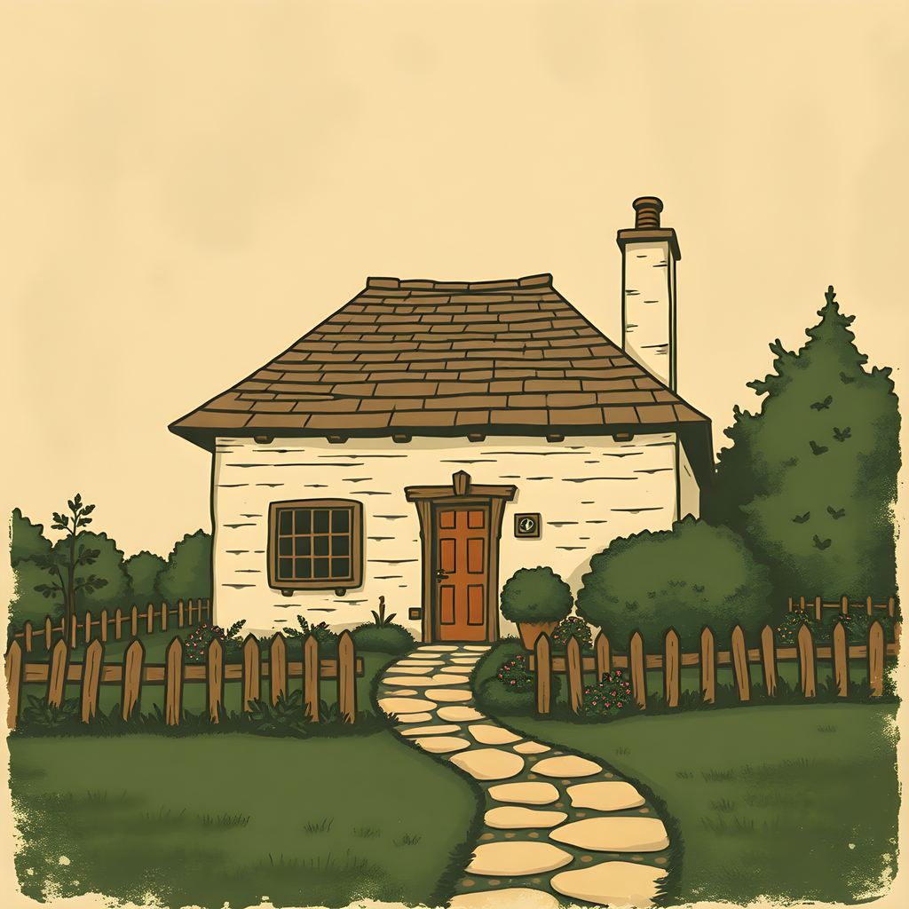 Vintage Cottage with Chimney & Garden Fence Wall Art