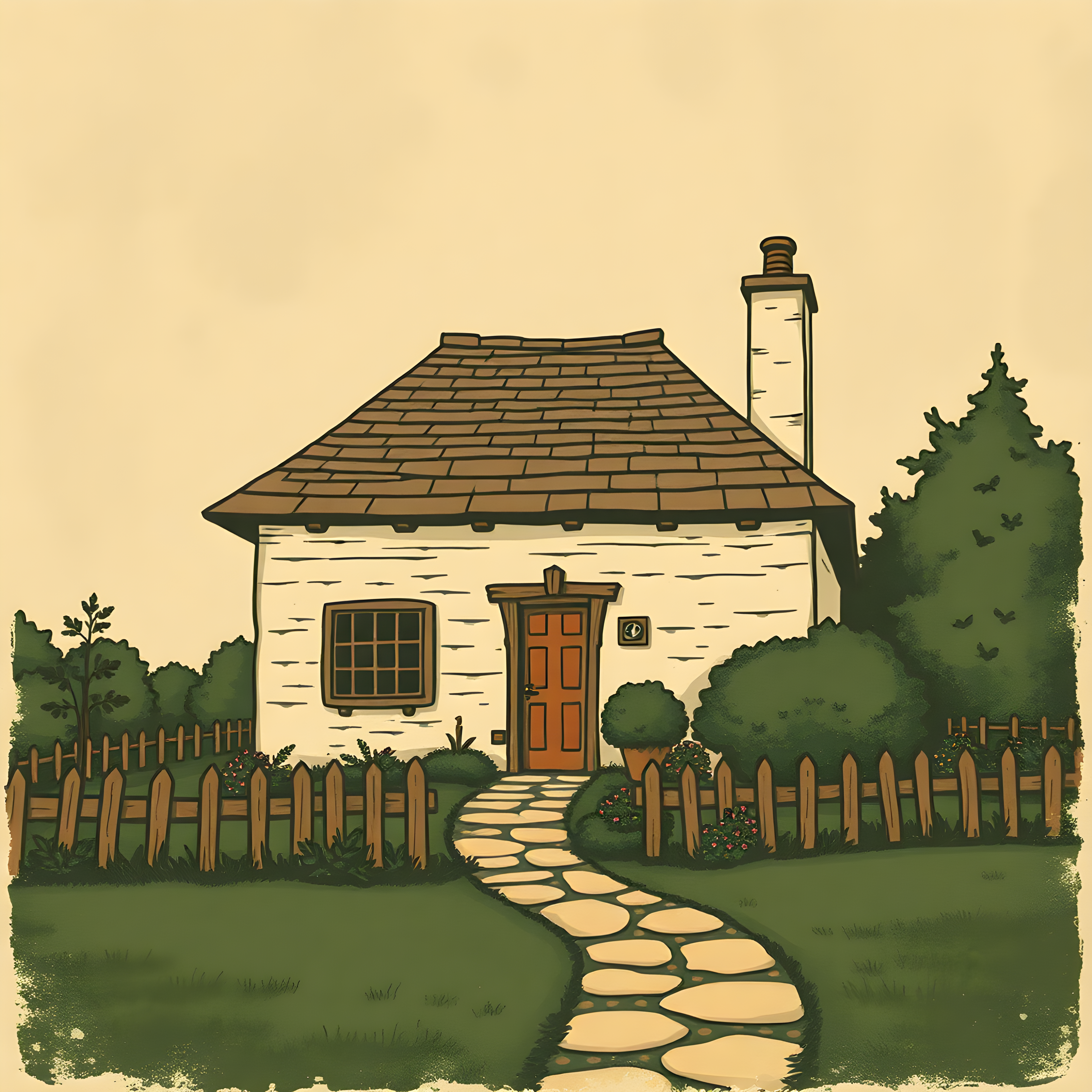 Vintage Cottage with Chimney & Garden Fence Wall Art