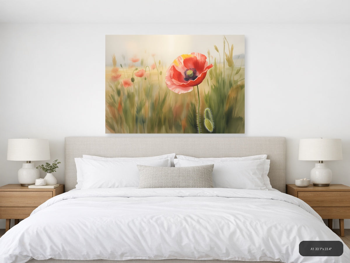 Red Poppy Wildflower Watercolor Landscape Wall Art — A1 / Bedroom
