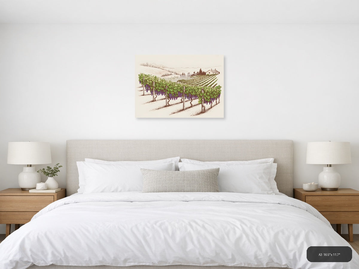 Vineyard Landscape Line Art - Wine Country Wall Art — A3 / Bedroom