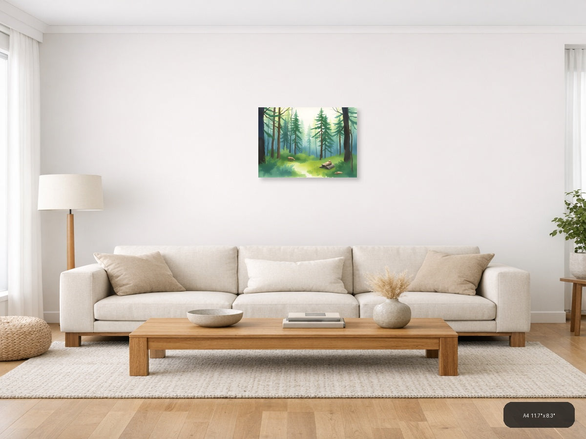Misty Forest Stream with Wildlife Watercolor Wall Art — A4 / Living Room