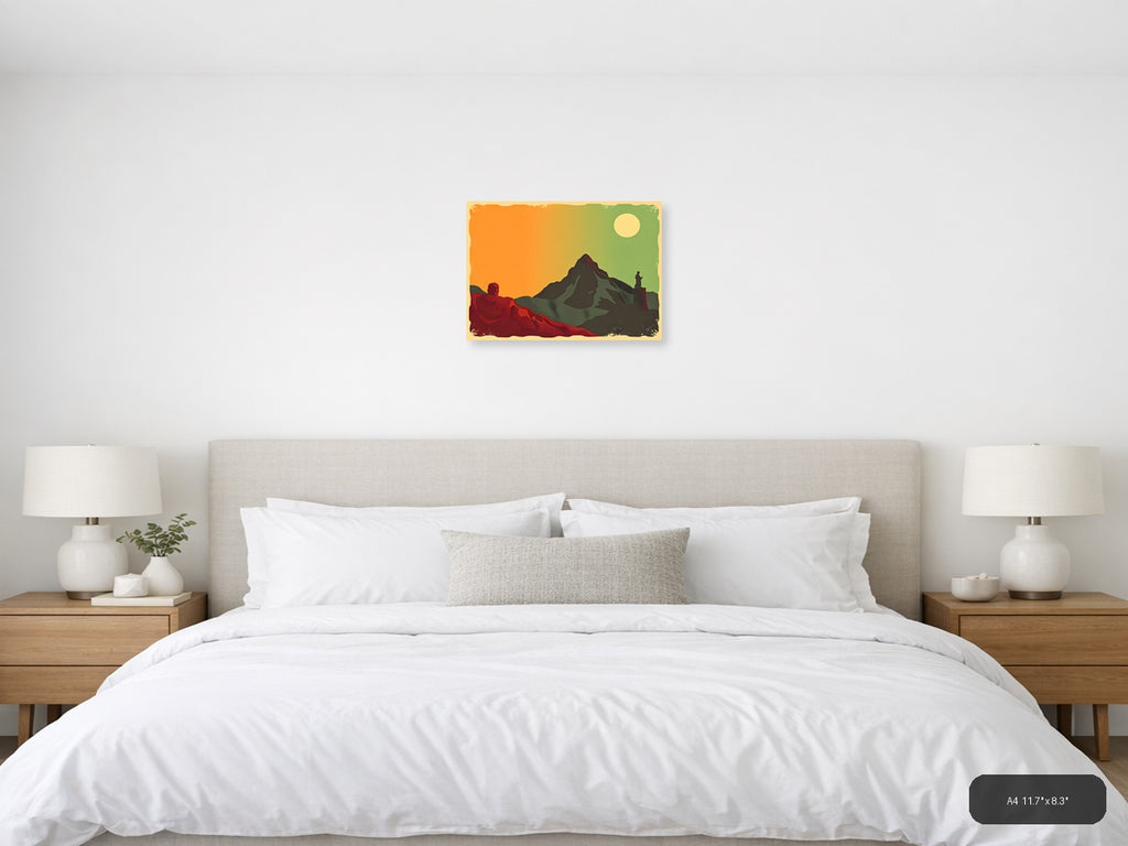 Vintage Mountain Landscape with Hikers - Retro Wall Art — A4 / Bedroom