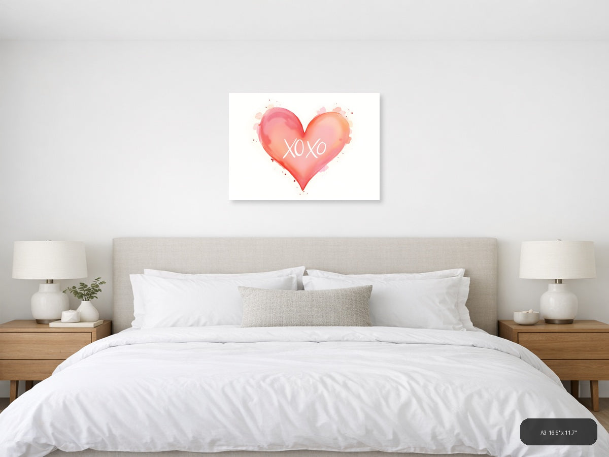 XOXO Watercolor Heart Pink Gradient Wall Art — A3 / Bedroom