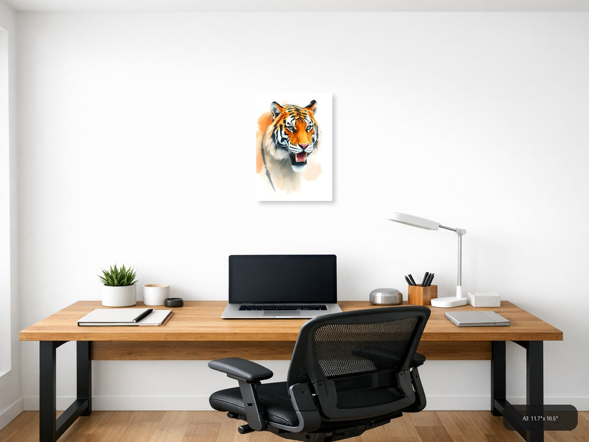 Orange Tiger Portrait Watercolor Wall Art — A3 / Office
