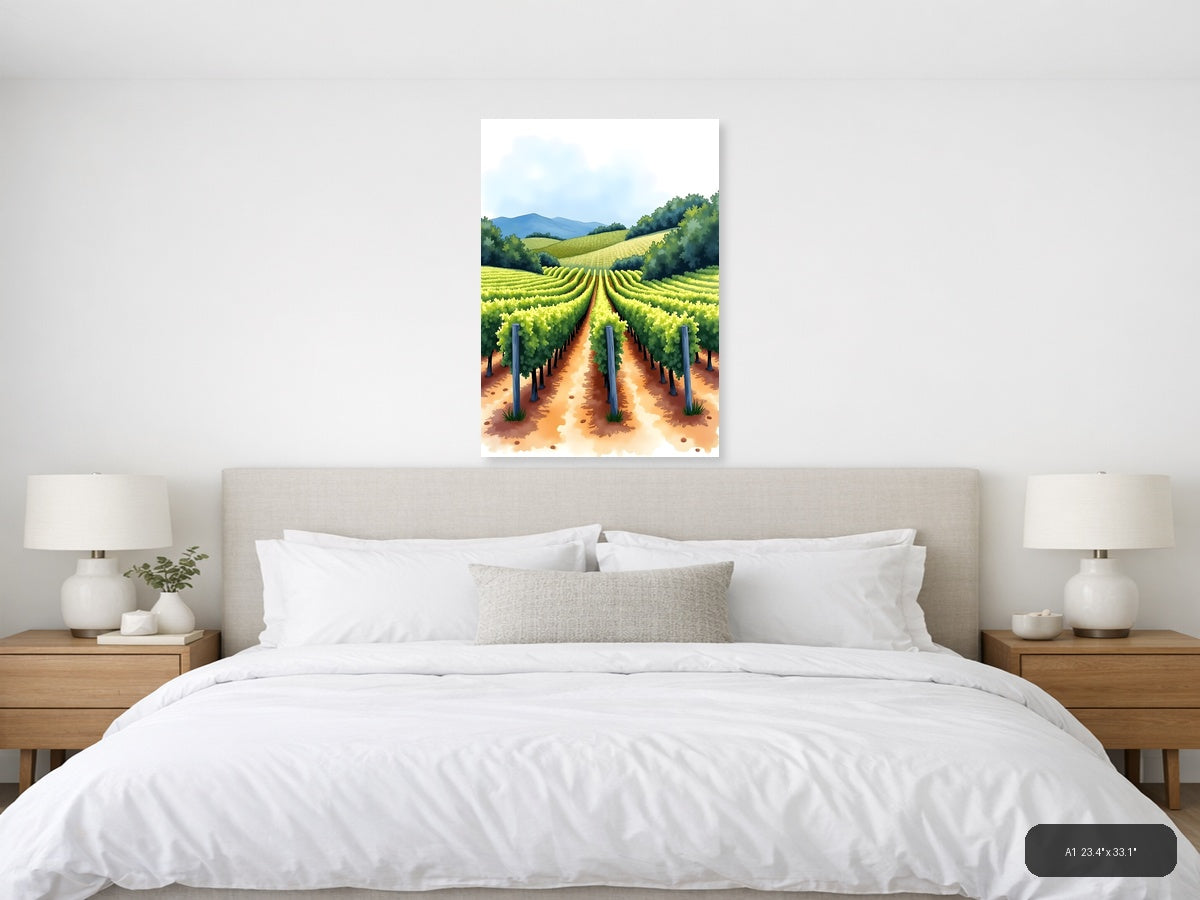 Vineyard Rows Watercolor Landscape Wall Art — A1 / Bedroom
