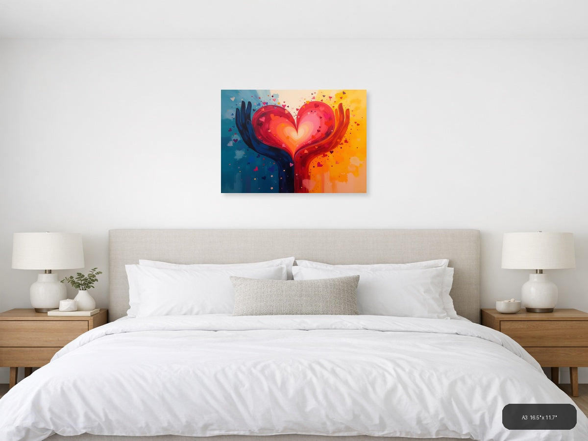 Glowing Heart in Hands Abstract Rainbow Canvas Print Wall Art — A3 (Bedroom)