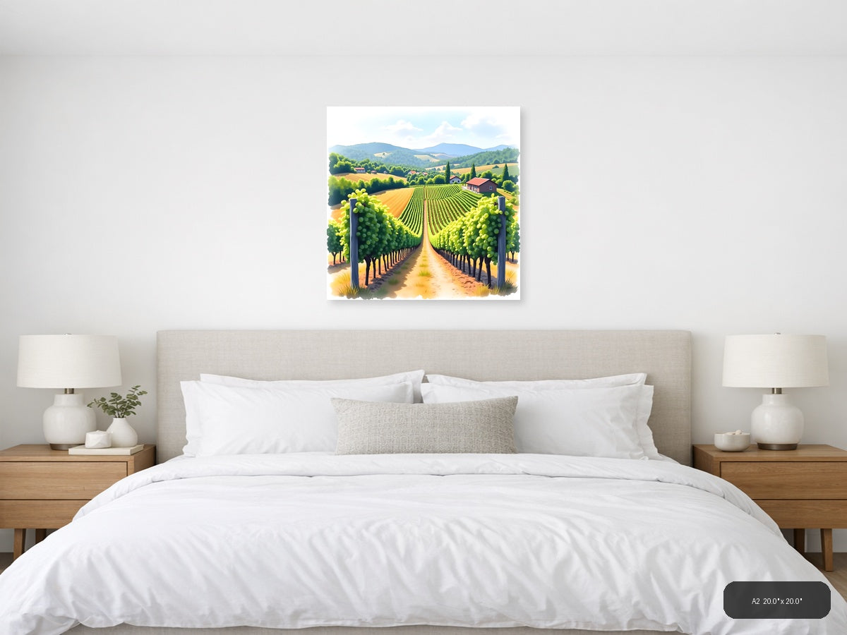Tuscan Vineyard Landscape Watercolor Wall Art — A2 / Bedroom
