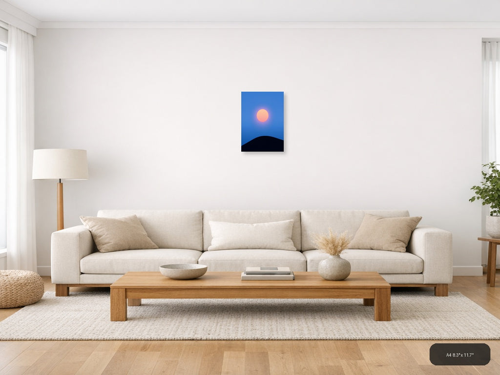 Minimalist Sunset Moon Rising Over Dark Hill Wall Art — A4 / Living Room