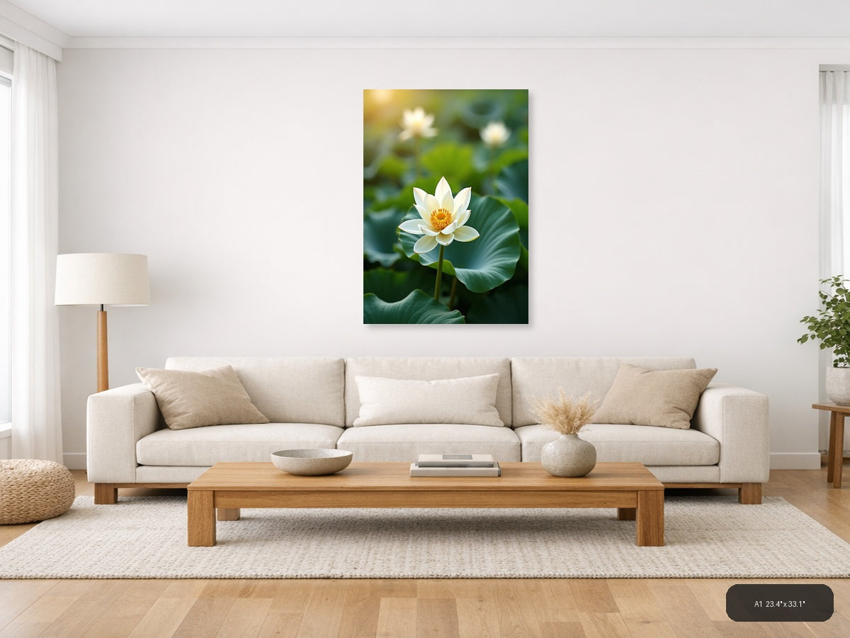 White Lotus Flower Botanical Portrait Wall Art — A1 / Living Room