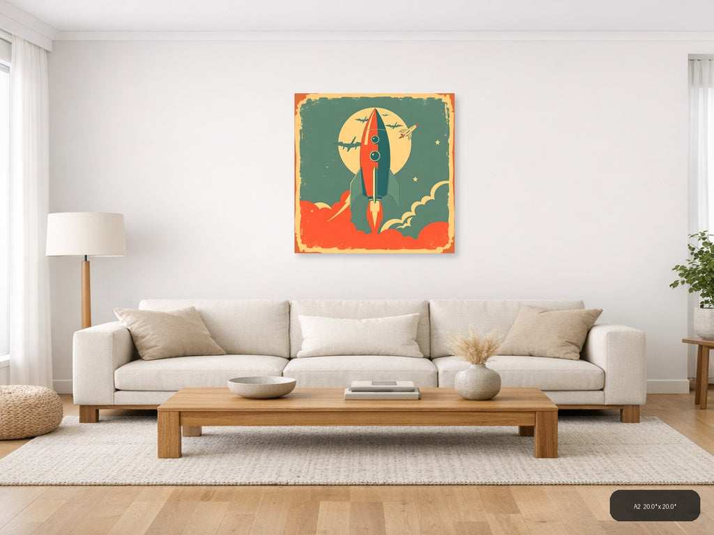 Vintage Rocket Launch Illustration Square Wall Art — A2 / Living Room