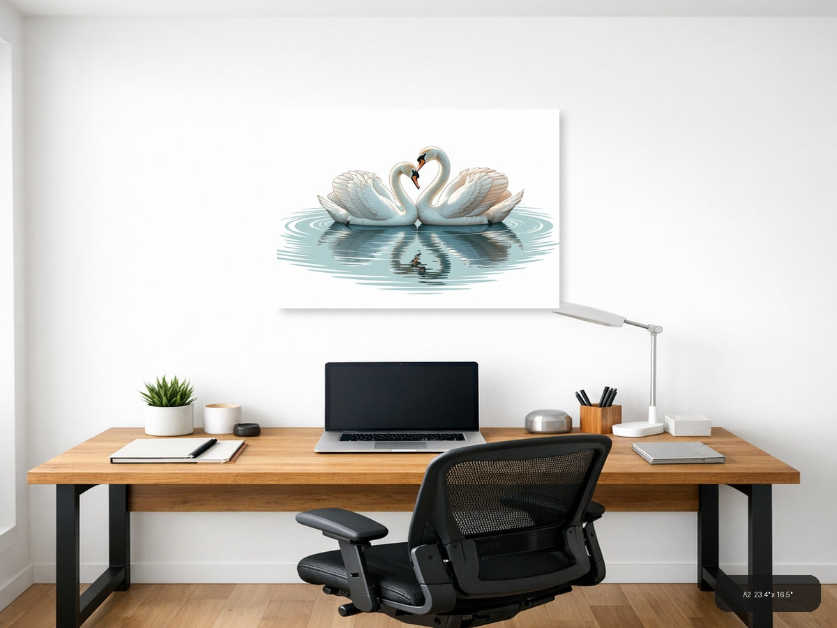Two White Swans Forming Heart Minimalist Wall Art — A2 / Office