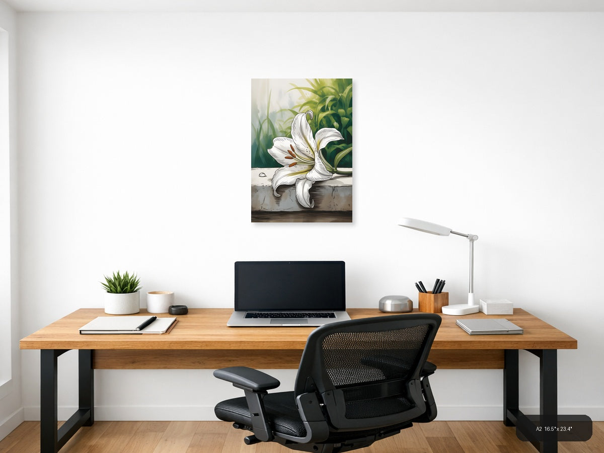 White Lily Line Art Botanical Drawing Wall Art — A2 / Office