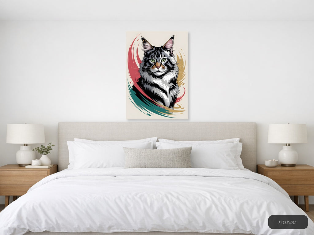 Abstract Tabby Cat Portrait with Colorful Swirls Wall Art — A1 / Bedroom