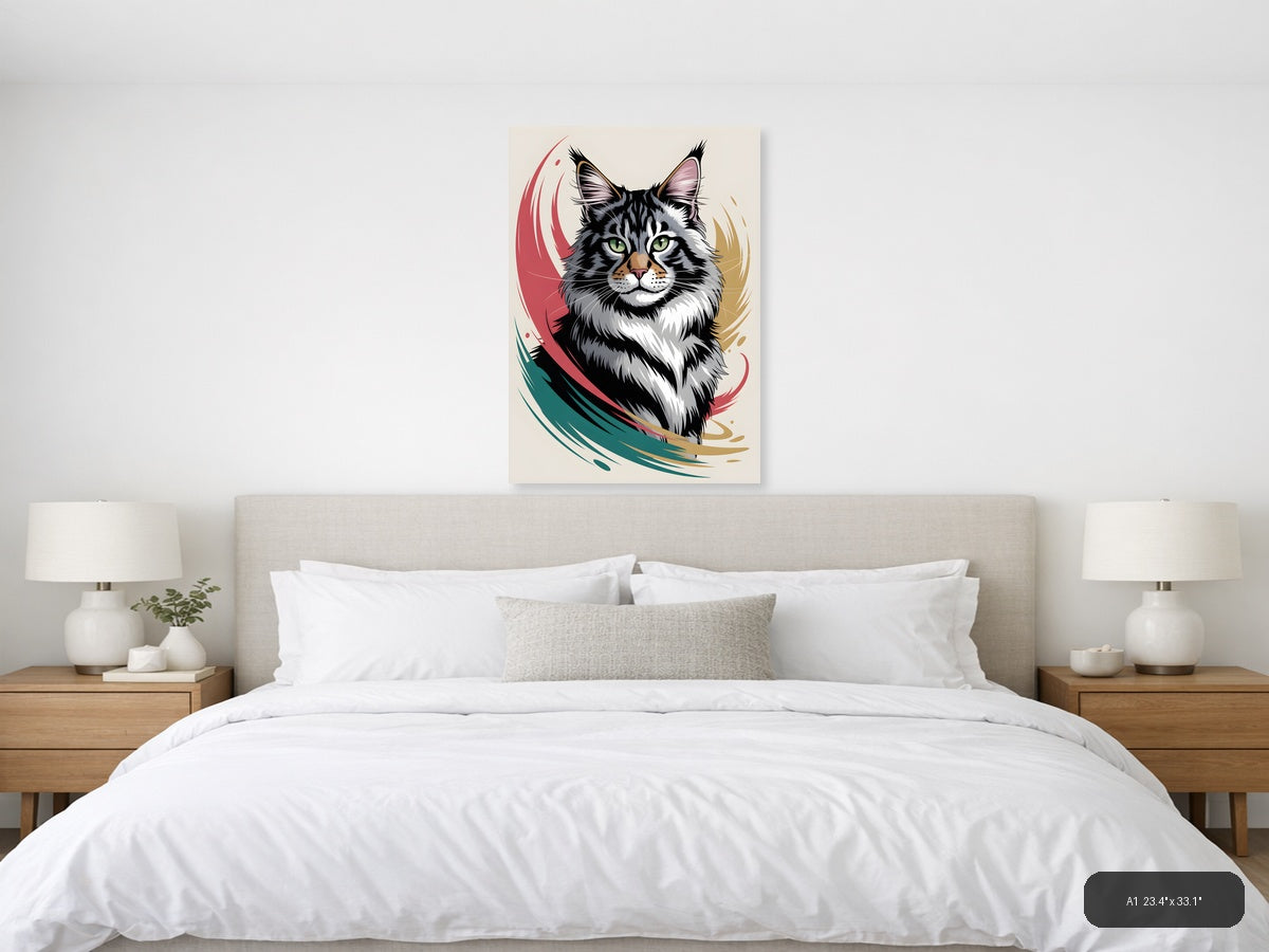 Abstract Tabby Cat Portrait with Colorful Swirls Wall Art — A1 / Bedroom
