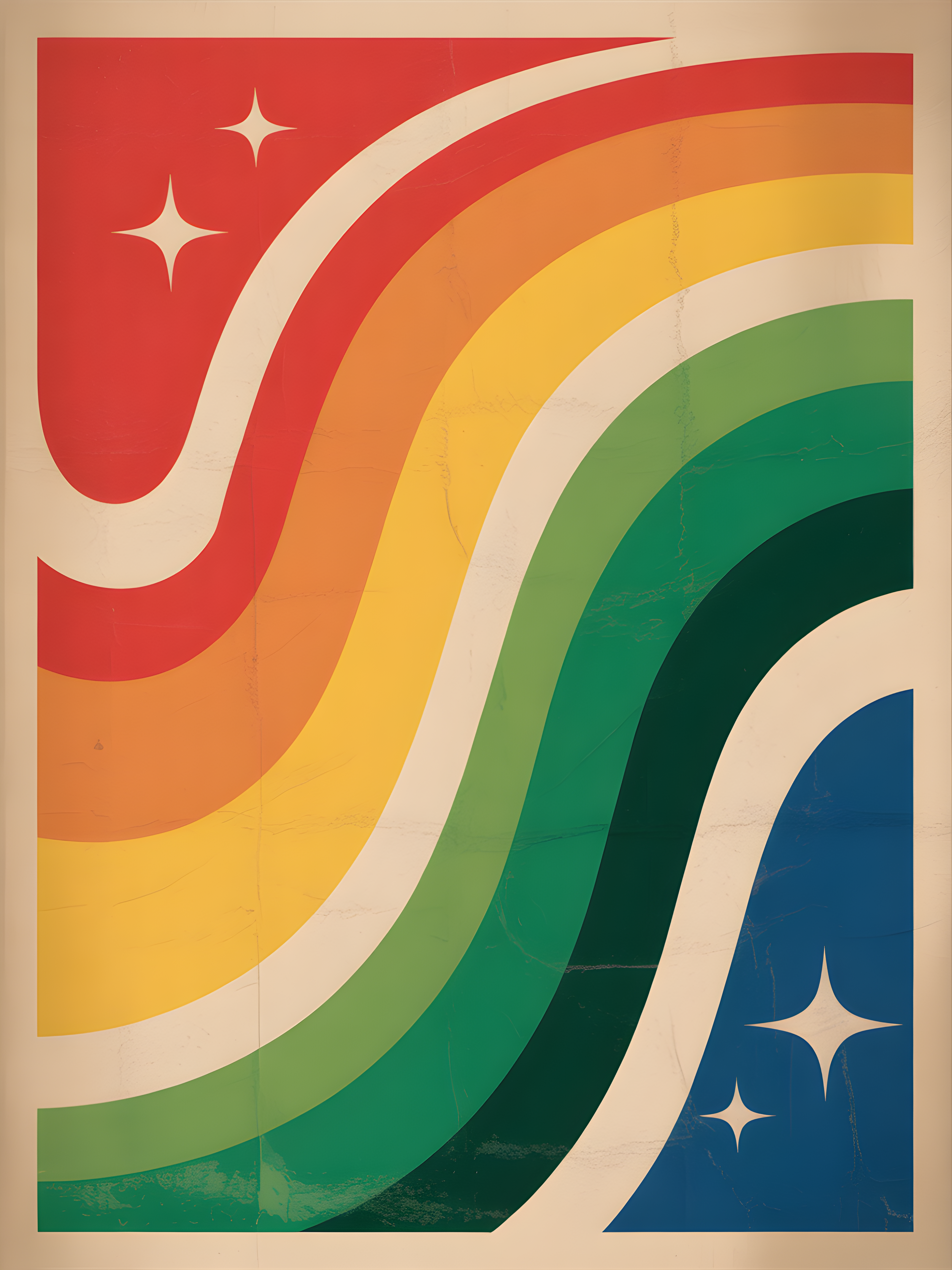 Vintage Rainbow Wave with Stars Portrait Wall Art
