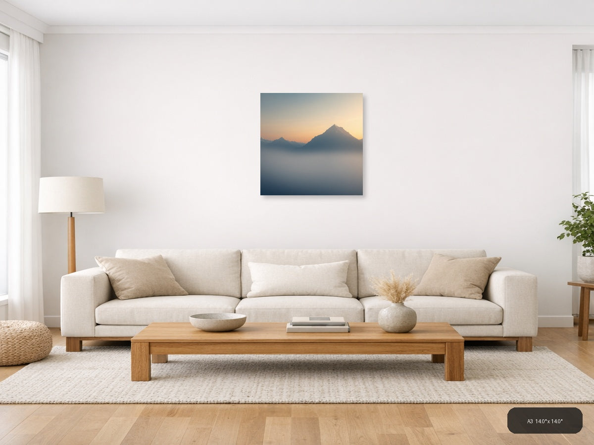 Misty Mountain Peak Minimalist Sunrise Wall Art — A3 / Living Room