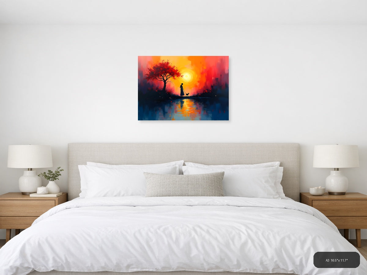 Sunset Woman with Dog & Red Tree Abstract Wall Art — A3 / Bedroom