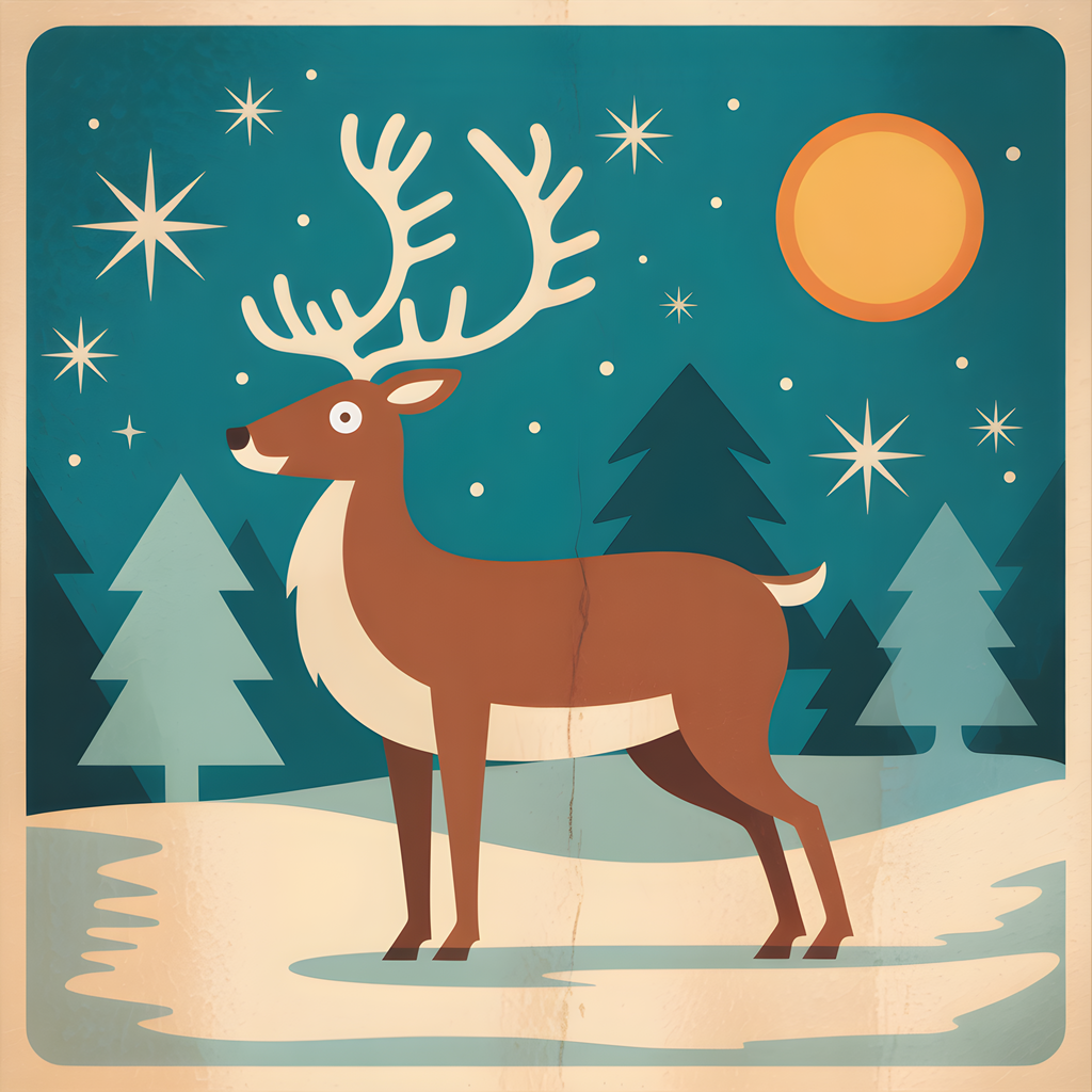 Vintage Reindeer Winter Night Sky Wall Art