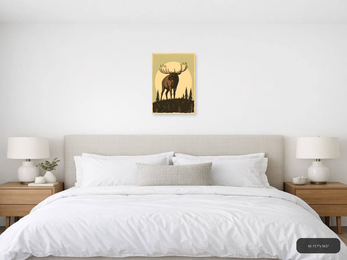 Vintage Moose Silhouette Moon Forest Wall Art — A3 / Bedroom