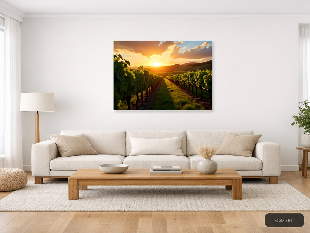 Golden Sunset Over Vineyard Rows Photography Wall Art — A2 / Living Room