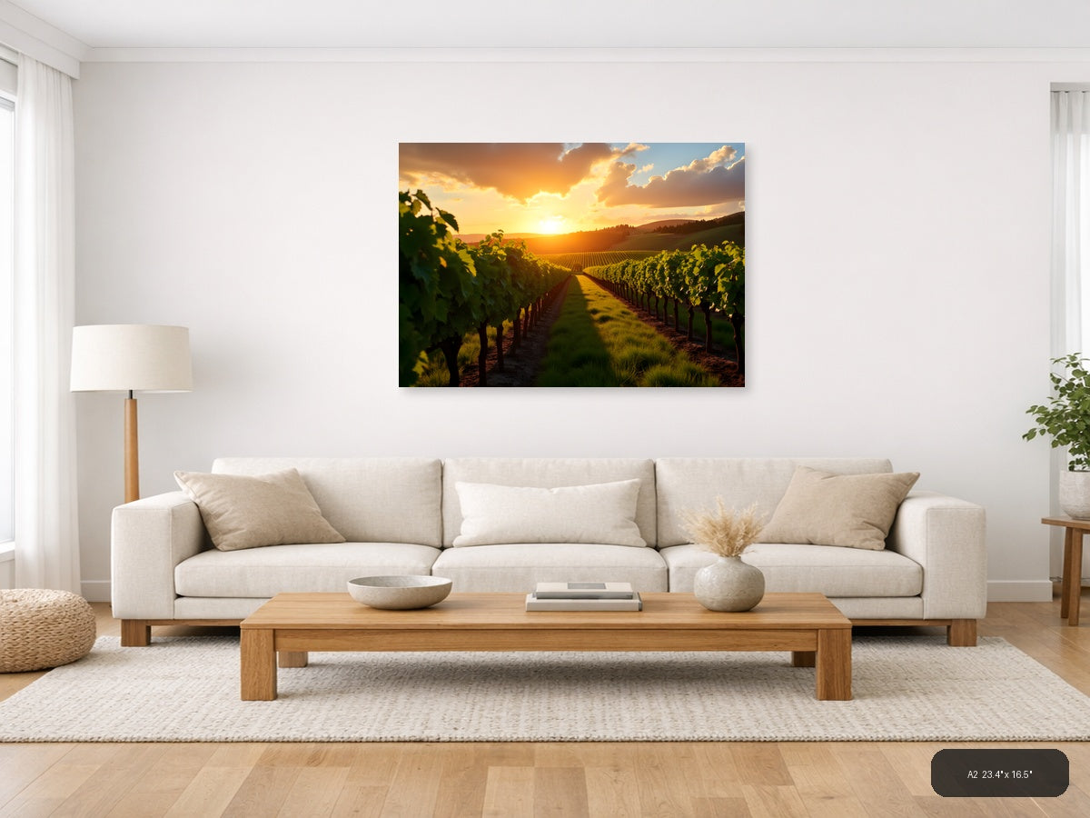 Golden Sunset Over Vineyard Rows Photography Wall Art — A2 / Living Room
