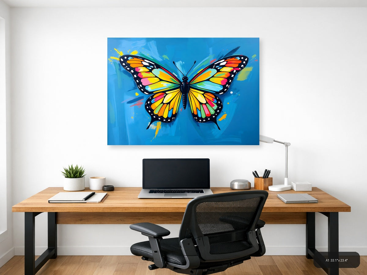 Vibrant Rainbow Butterfly Abstract Blue Wall Art — A1 / Office