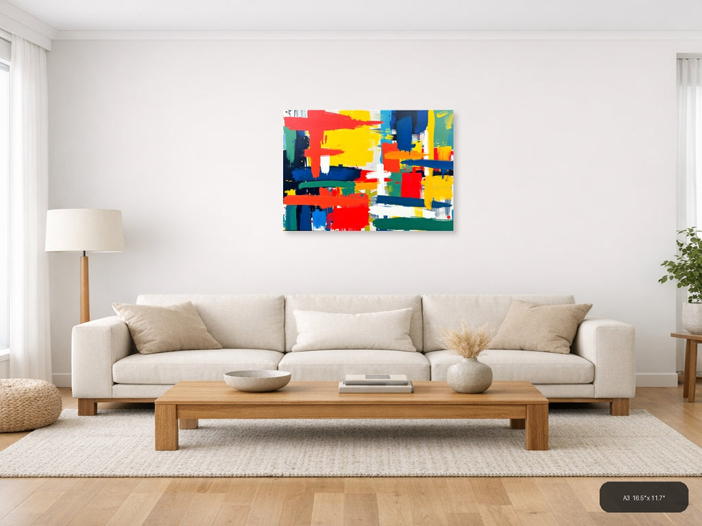 Vibrant Abstract Brushstrokes Primary Colors Wall Art — A3 / Living Room