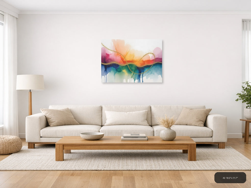 Rainbow Watercolor Landscape with Gold Wave Lines Wall Art — A3 / Living Room