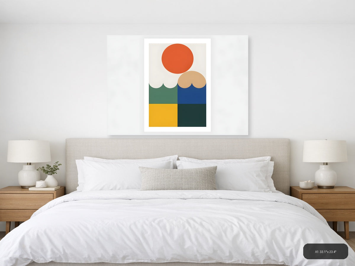 Minimalist Geometric Landscape with Sun and Water Wall Art — A1 / Bedroom