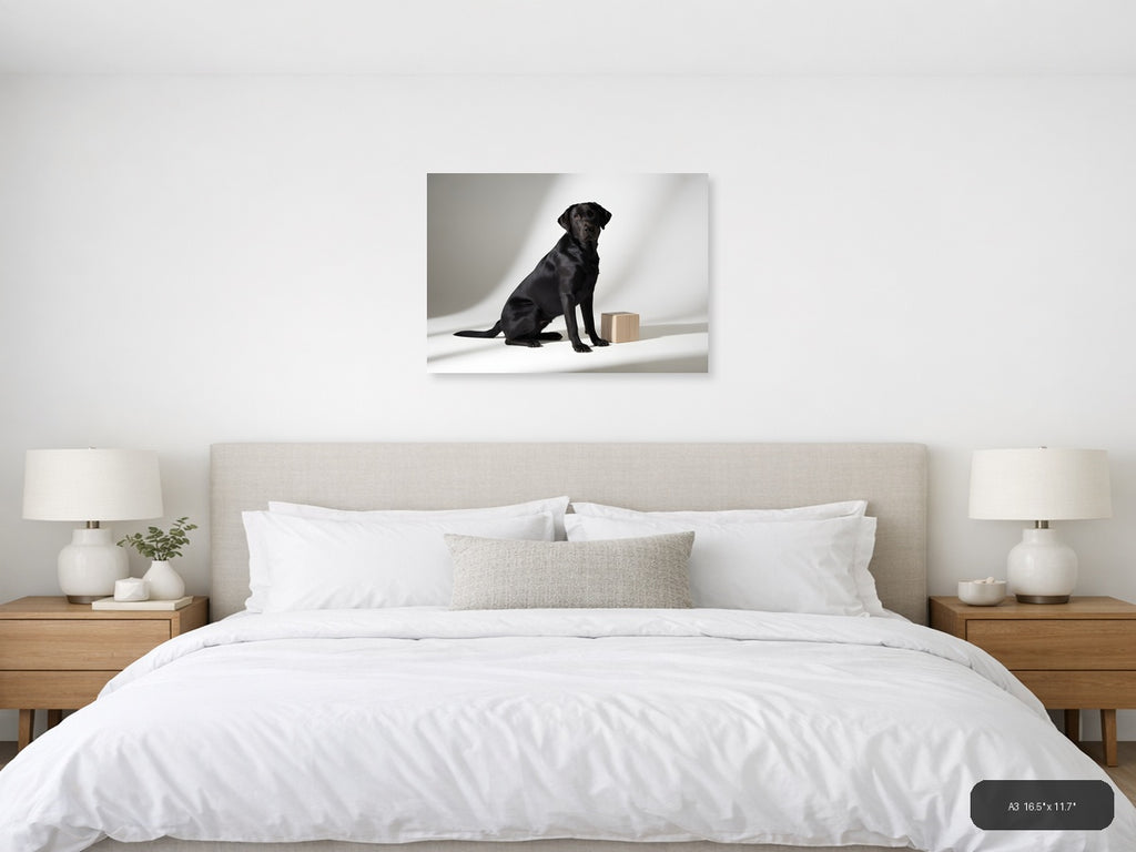 Black Labrador with Wooden Block Minimalist Wall Art — A3 / Bedroom