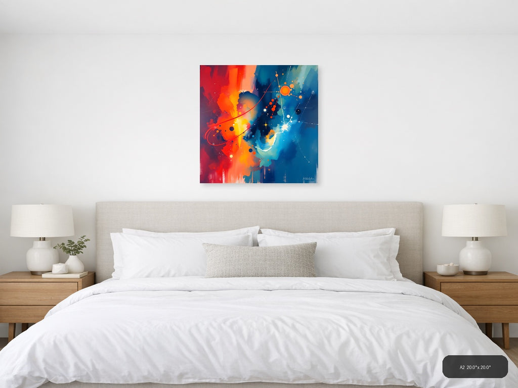 Abstract Cosmic Energy Orange Blue Wall Art — A2 / Bedroom
