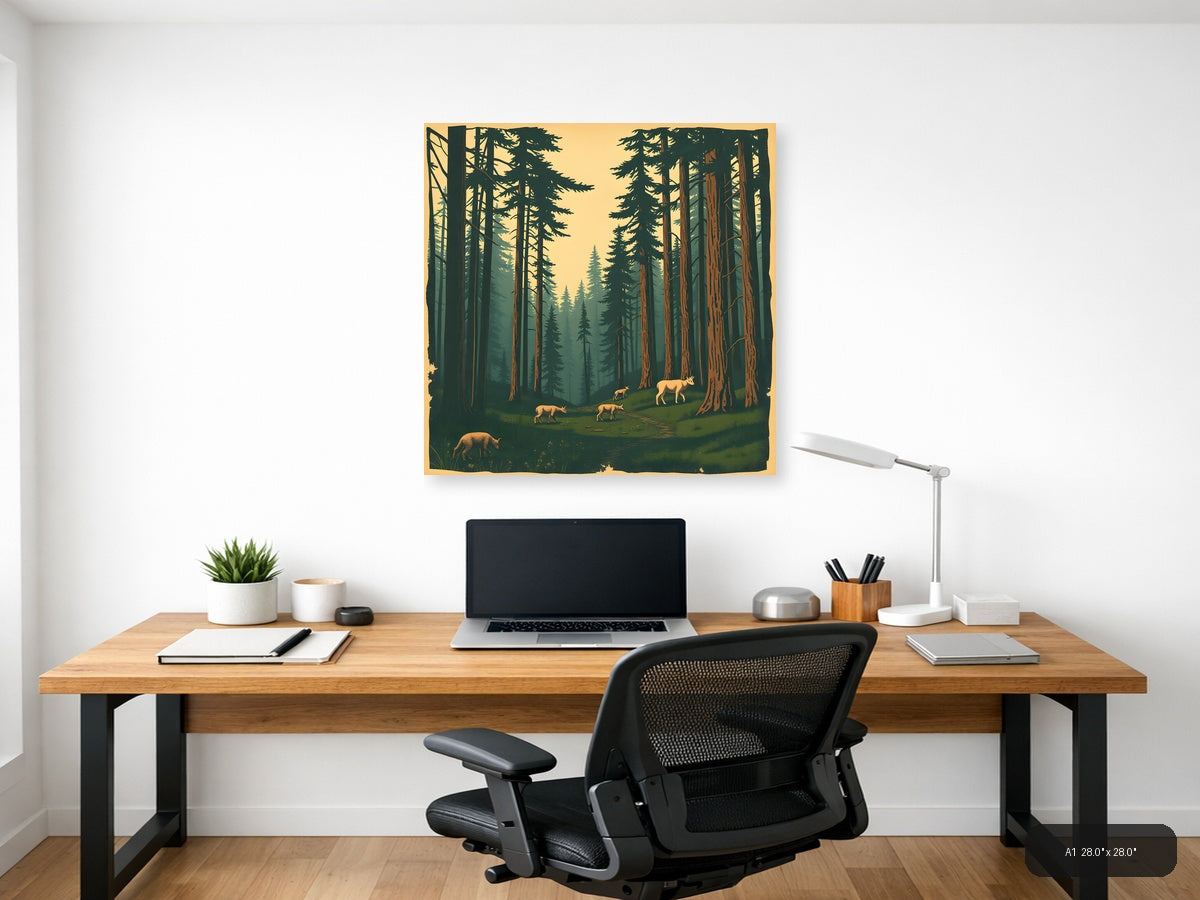 Vintage Forest Deer Valley Landscape Wall Art — A1 / Office