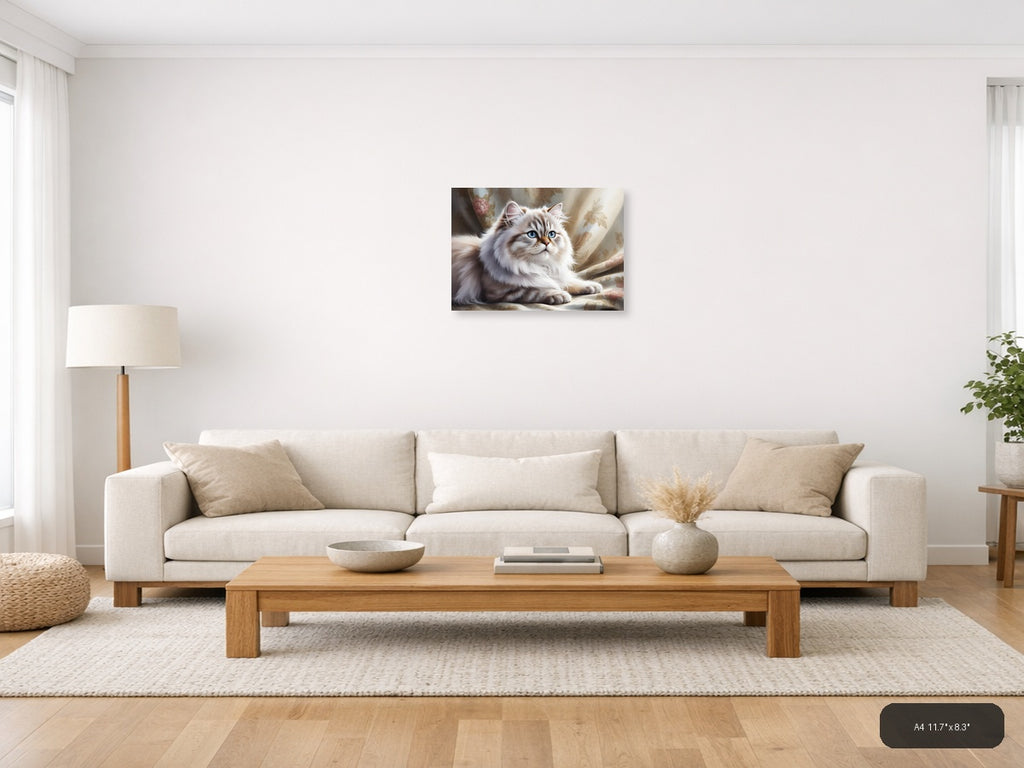 White Persian Cat with Blue Eyes Watercolor Wall Art — A4 / Living Room
