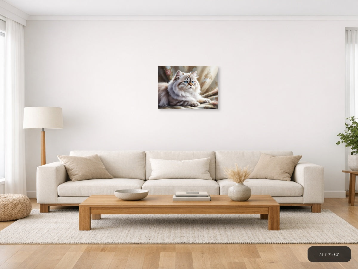 White Persian Cat with Blue Eyes Watercolor Wall Art — A4 / Living Room