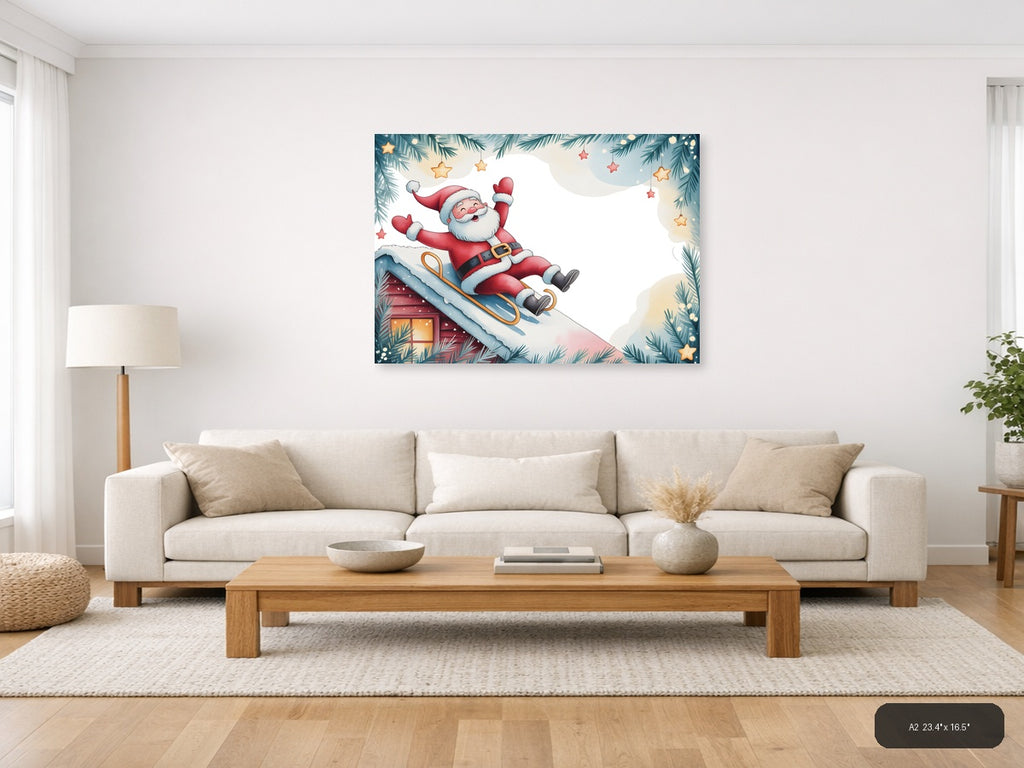 Santa Sledding Watercolor Christmas Wall Art — A2 / Living Room