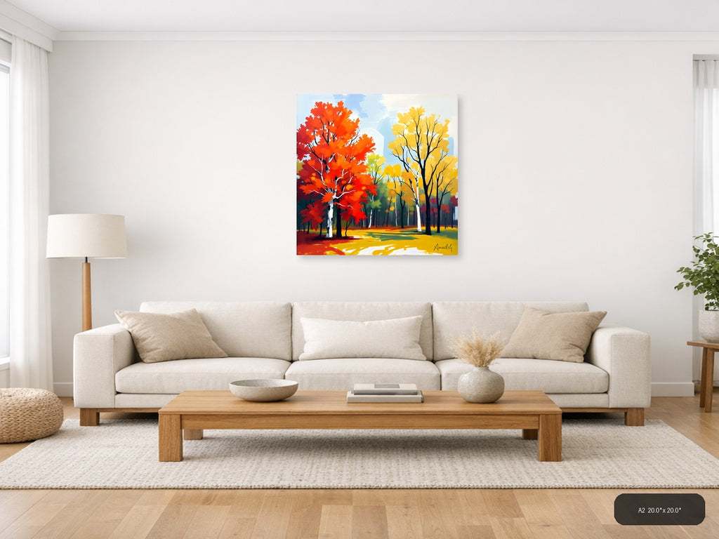 Abstract Autumn Forest with Red and Yellow Trees Wall Art — A2 / Living Room