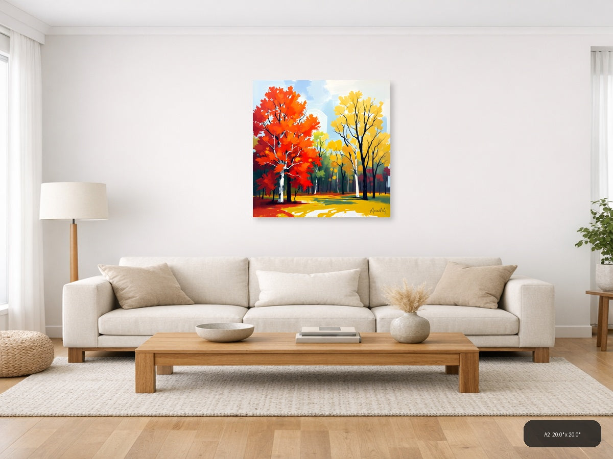 Abstract Autumn Forest with Red and Yellow Trees Wall Art — A2 / Living Room