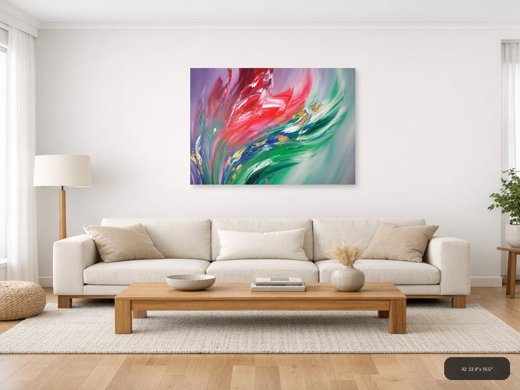 Red & Green Flowing Abstract Brushstroke Modern Wall Art — A2 / Living Room