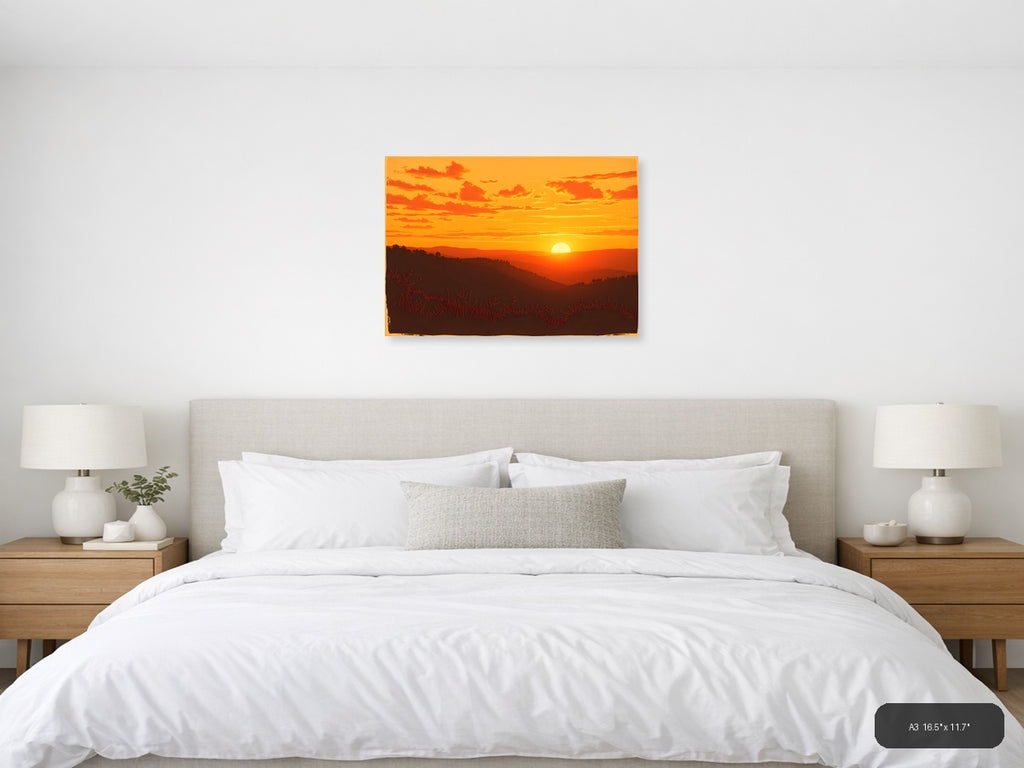 Vintage Sunset Over Mountains - Landscape Wall Art — A3 / Bedroom