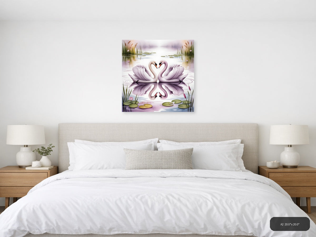 Two Swans Heart Reflection Watercolor Wall Art — A2 / Bedroom