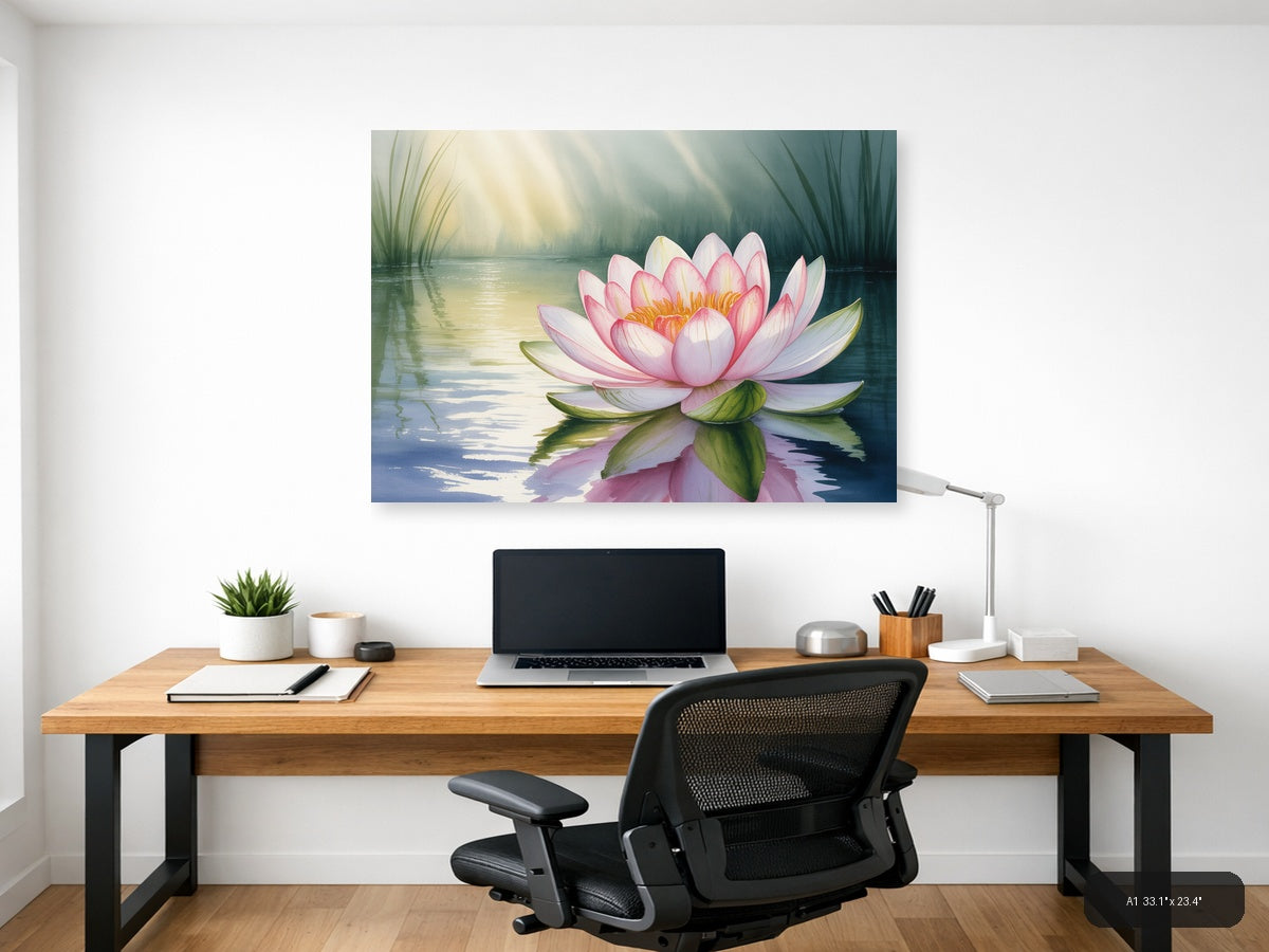 Pink Water Lily Watercolor Landscape Wall Art — A1 / Office