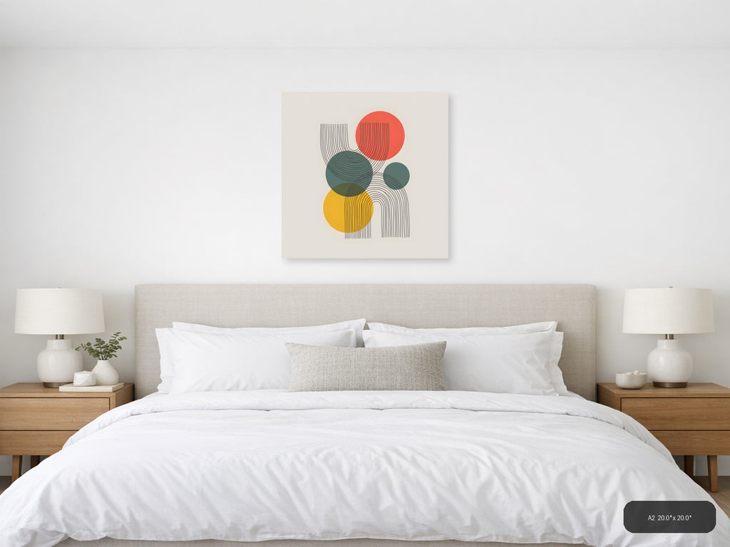 Abstract Geometric Line Art with Colourful Circles Wall Art — A2 / Bedroom