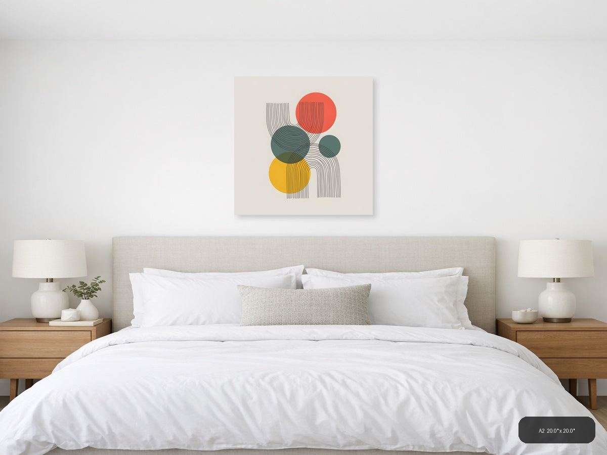 Abstract Geometric Line Art with Colourful Circles Wall Art — A2 / Bedroom