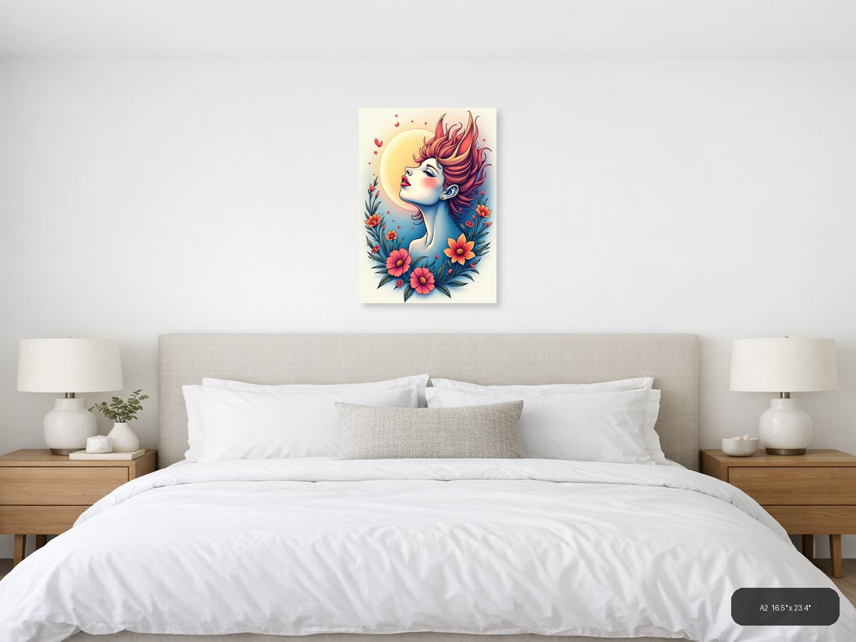 Colorful Woman Portrait with Flowers Line Art Wall Art — A2 / Bedroom