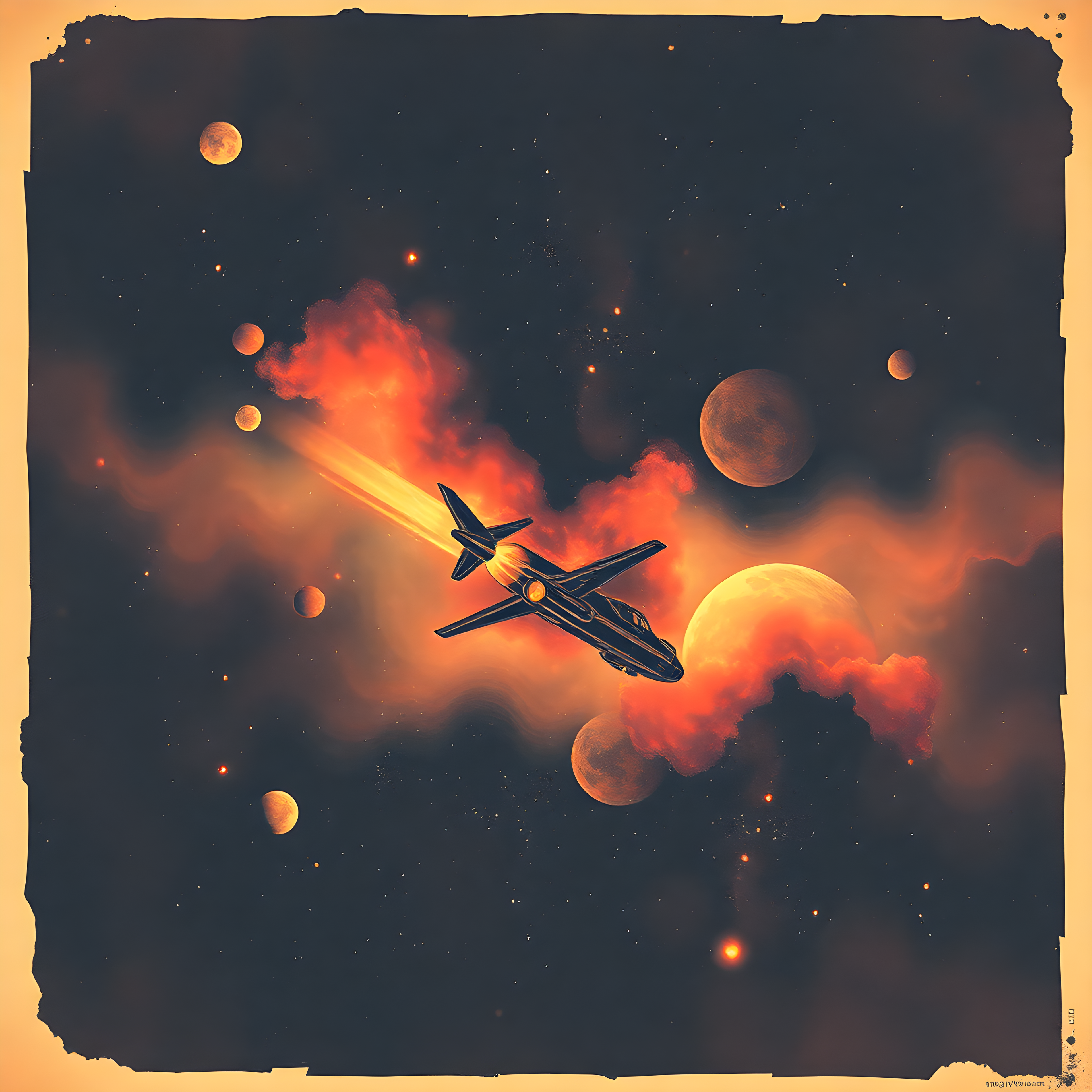 Vintage Spaceship Flight Through Cosmic Fire Wall Art