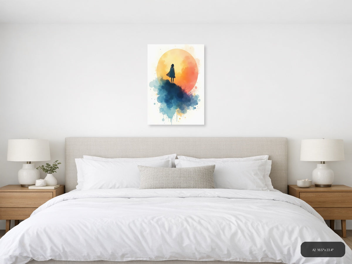 Girl Under Golden Sunset Watercolor Wall Art — A2 / Bedroom
