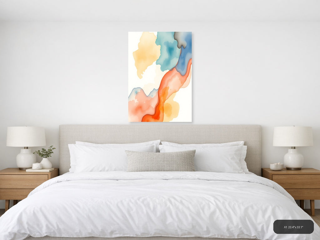 Abstract Watercolor Landscape with Warm Orange & Cool Blue Wall Art — A1 / Bedroom