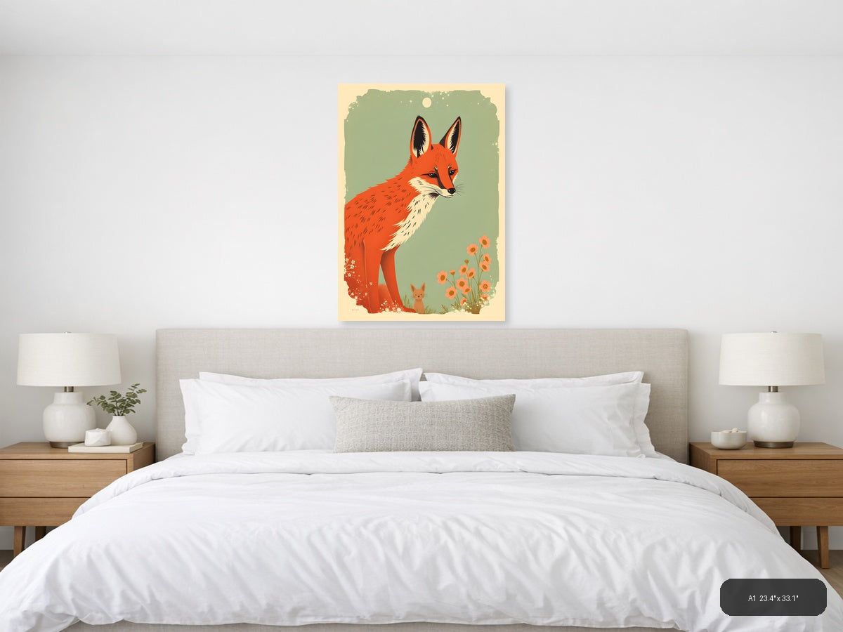 Red Fox and Cat Vintage Botanical Wall Art — A1 / Bedroom