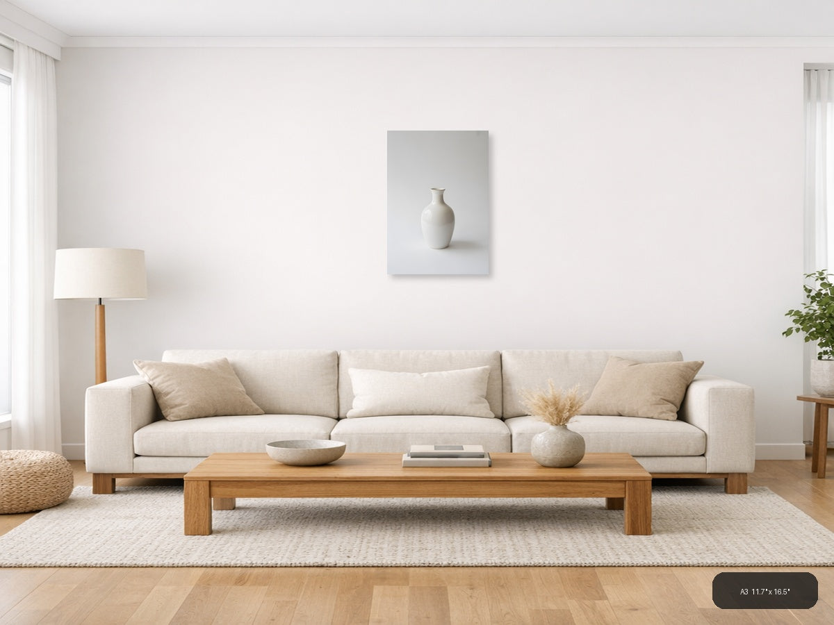 Minimalist White Ceramic Vase on Gray Wall Art — A3 / Living Room